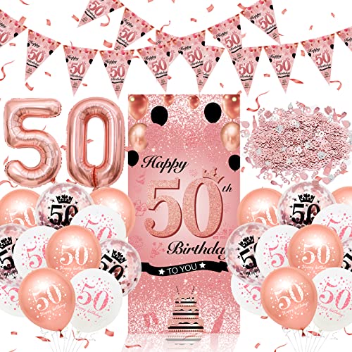 50 Geburtstag Deko Frauen, Deko 50 Geburtstag Frau, Rosegold Luftballon 50. Geburtstag Deko, 50 Geburtstagsdeko Frauen Happy Birthday Banner Party Deko 50 Konfetti Tischdeko Geburtstag Decoartions von Auezona