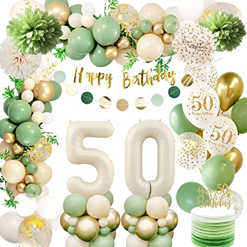 50 Geburtstag Deko Frauen,Geburtstagsdeko 50 Männer,50 Geburtstag Luftballon Grün Gold mit Happy Birthday Banner,Pompoms für Frau Mann Luftballon50 von Auezona