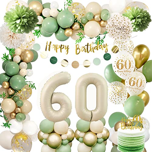 60 Geburtstag Deko Frauen,Geburtstagsdeko 60 Männer,60 Geburtstag Luftballon Grün Gold mit Happy Birthday Banner,Pompoms für Frau Mann Luftballon60 von Auezona