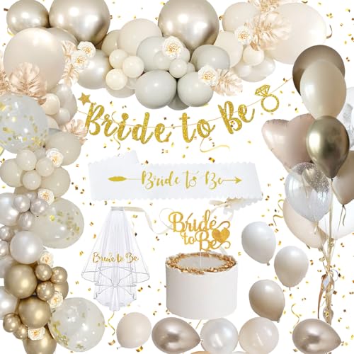 Auezona Bride to Be Deko Beige, Jga Deko Frauen, Junggesellenabschied Frauen Accessoires, Jga Accessoires Frauen with Beige Ballons Banner Schärpe Girlande Schleier Tortenstecker von Auezona