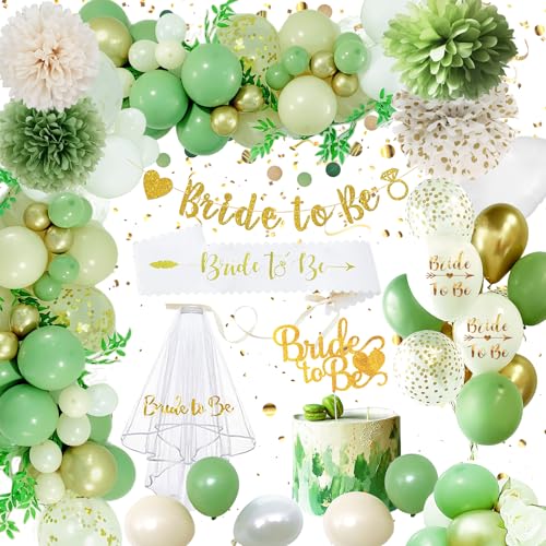 Auezona Bride to Be Deko Grün, Jga Deko Frauen, Junggesellenabschied Frauen Accessoires, Jga Accessoires Frauen with Grün Ballons Papierblumen Banner Schärpe Girlande Schleier Tortenstecker von Auezona