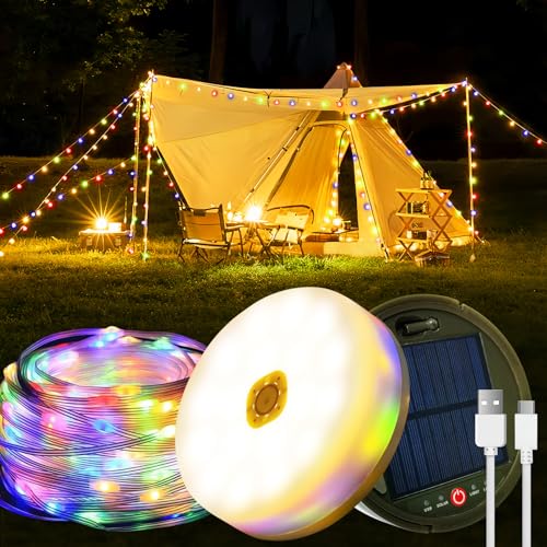 Camping Lichterkette Aufrollbar, 12M 120LED Solar Camping Lichterkette Außen, Wiederaufladbar über USB, IP65 Wasserdichte Camping Lichterkette, Tragbare Campinglampe für Garten, Wandern, RGB von Auezona