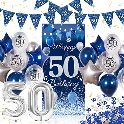 Deko 50 Geburtstag Männer, Blau 50. Geburtstag Dekorationen Banner Hintergrund, Konfetti 50. Geburtstag Deko Banner Girlande Wimpel,Luftballons 50. Geburtstag Deko Mann Frauen von Auezona