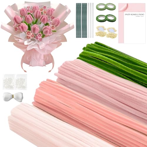 Pfeifenreiniger-Bastelset, Pfeifenreiniger, Großpackung, mehrfarbig, Chenille-Stiele für selbstgemachte Blumensträuße, mit Klebeband, Blumendraht, Staubblatt und Band, Perlen, Geschenkpapier (Rosa) Pfeifenreiniger-Bastelset, Pfeifenreiniger, Großpackung, mehrfarbig, Chenille-Stiele für selbstgemachte Blumensträuße, mit Klebeband, Blumendraht, Staubblatt und Band, Perlen, Geschenkpapier (Rosa) von Auezona