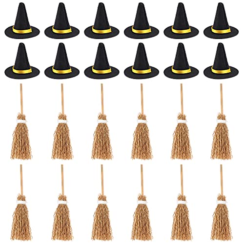24 Stück Mini Hexenhüte und Besen Dekoration Halloween Mini Filz Hexenhut Mini Besen Ornament mit weißem Seil Hexenzubehör für DIY Handwerk Halloween Party Gastgeschenke von Augenstern
