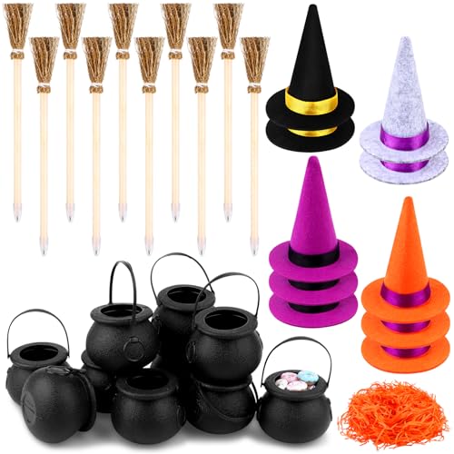 Halloween-Partyzubehör, Mini-Hexenhüte, schwarzer Kessel, Hexenbesen, Stifte, orangefarbenes Seiden-Konfetti, Süßes oder Saures, Partyzubehör, Halloween-Zauberer-Themen-Dekoration für Klassenzimmer von Augenstern