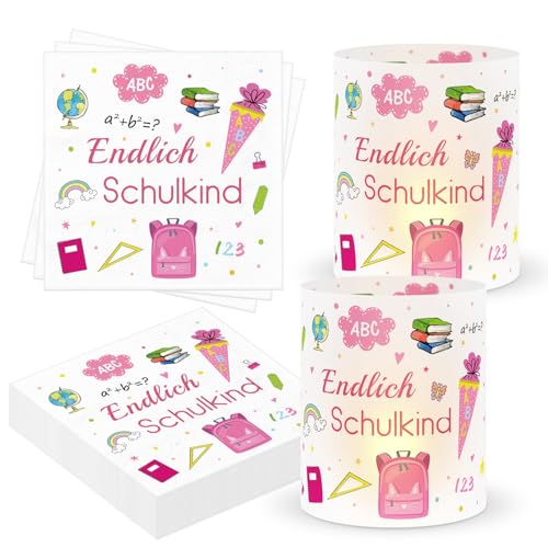 30 Stück Servietten Einschulung + 10 Stück Windlicht Tischdeko Einschulung, Servietten Schulanfang Mädchen Junge Deko Einschulung Tisch, Servietten Endlich Schulkind Tischdeko Schulanfang (Rosa) von Augesak