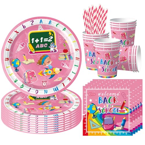 68 Stück Einschulung Partygeschirr Set für 16 Schulkind, Pappteller Einschulung Servietten Becher, Schulanfang Deko Party Tischdeko Zubehör Mädchen von Augesak