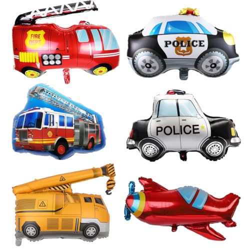Feuerwehr Deko Kindergeburtstag,6 Stück Folienballon Geburtstag,Polizeiauto,Feuerwehrauto,Flugzeug,Bagger Luftballon,Luftballon Feuerwehr für Feuerwehr Geburtstag Deko von Augesak