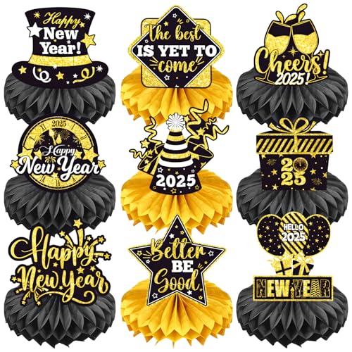 9 Stück Neujahr Bienenwabe Deko, Tischdeko Silvester 2025, Bienenwabe Mittelstück Silvester Deko, Papier Bienenwaben Deko Schwarz Gold, Happy New Year Deko für 2025 Neujahr Tischdeko Tischaufsätze von Augesak