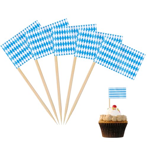 Augesak Bayern Oktoberfest Deko Zahnstocher Flaggen,100 Stück Oktoberfest Zahnstocher-Fähnchen für Bayrische Deko,Oktoberfest Tischdeko Cupcake Toppers,Obstteller Cocktail,Pub Decor(100 Stück) von Augesak