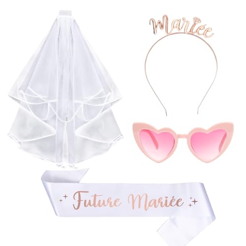 Französisch JGA Accessoires Frauen Set 4 Stück-Bride to Be Schärpe und Schleier,Roségoldener Haarreif,Rosa Herzförmige BrilleBraut Jungesellinenabschied Accessoires,JGA Deko Frauen von Augesak