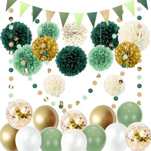 Geburtstagsdeko Grün Partydeko Set 26 Stück, Seidenpapier Pompons Deko mit Grüne Girlande Luftballons Party Deko für Geburtstagsdeko Mann Frauen Hochzeitsdeko Dschungel Gartenparty Sommer Dekoration von Augesak
