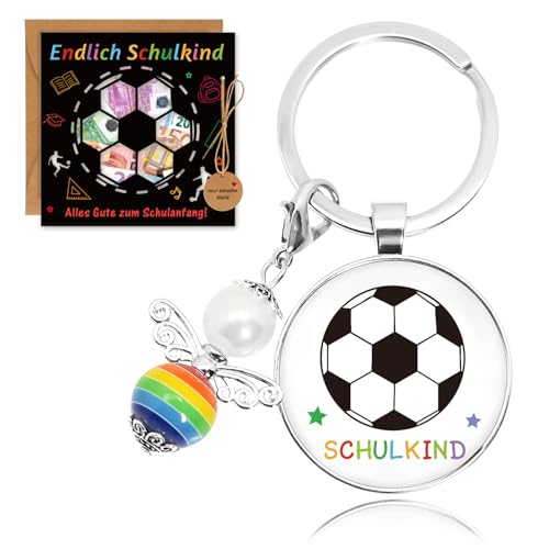 Augesak Schlüsselanhänger Schulkind Schutzengel Fußball, Schlüsselanhänger Einschulung Klappkarten Geldgeschenke, Glücksbringer Einschulung Schule, Geldgeschenk Schulanfang Jungen Mädchen Schultüte von Augesak