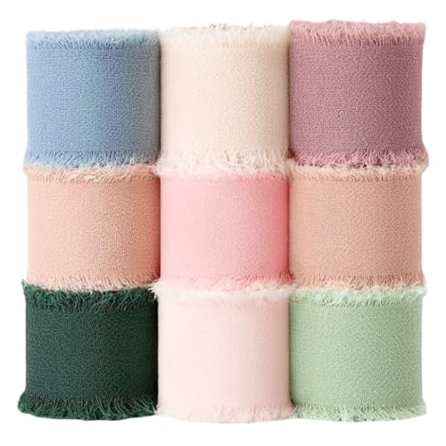 Geschenkband Chiffonband 9 Farbe, Schleifenband 2,5 cm x 24,6 m, Seidenband Stoffband Fransenstoffband, Chiffon Stoffbänder für Hochzeitseinladung, Brautstrauß, Geschenkverpackung, DIY Schleifen von Augesak