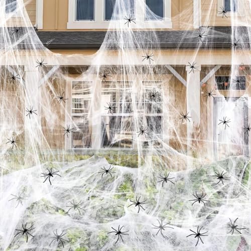 Halloween Deko Spinnennetz 120g Spinnenweben Halloween Deko Outdoor Mit 50pcs Schwarzen Spinnen Realistisch Spinnennetz Dekoration für Helloween Horror Party Tisch Outdoor Garten Dekoration von Augesak