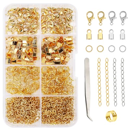 Kettenverschluss, 300 Stück Verschlüsse Armbänder Set, Armband Verschluss, Schmuckverschluss, Karabinerverschluss Biegeringe und Crimpenden für Halsketten Armband Schmuck Basteln DIY (Gold) von Augesak