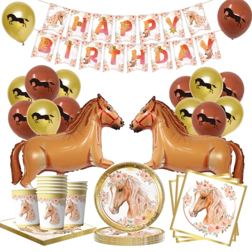 Pferde Partygeschirr Set 77 Stück, Pferde Geburtstag Deko, Pferd Pappteller Pappbecher Servietten Luftballon Banner, Pferd Party Deko Kindergeburtstag für 20 Gäste von Augesak