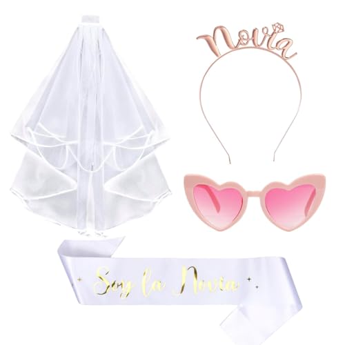 Spanisch JGA Accessoires Frauen Set 4 Stück-Bride to Be Schärpe und Schleier,Roségoldener Haarreif, Rosa Herzförmige BrilleBraut Jungesellinenabschied Accessoires,JGA Deko Frauen Spanisch JGA Accessoires Frauen Set 4 Stück-Bride to Be Schärpe und Schleier,Roségoldener Haarreif, Rosa Herzförmige BrilleBraut Jungesellinenabschied Accessoires,JGA Deko Frauen von Augesak