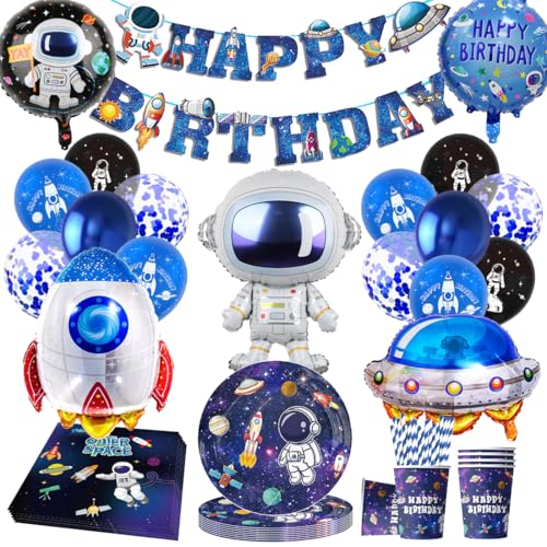 Weltraum Geburtstag Deko, 102 Stück Weltraum Partygeschirr Set, Astronaut Folienballon Raketen Pappteller Becher Banner, Astronaut Party Deko Kindergeburtstag für 20 Gäste von Augesak