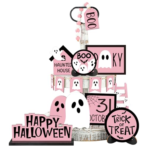 16-teiliges Halloween-Deko-Set mit rosa Geister-Holzschildern, Happy Halloween, Dekoration, niedlicher Geister-Holzblock, Boo Süßes oder Saures, Tischdekoration, Perlengirlande für Zuhause, Tischregal von Augisteen