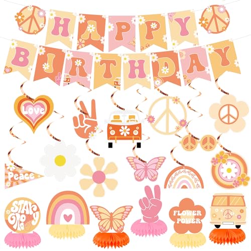 19 Stück Groovy Hippie Boho Party Dekorationen enthalten Retro Boho Happy Birthday Banner Hippie Hängende Wirbel Boho Waben Mittelstücke für zwei groovige Babyparty Geburtstag Party Supplies von Augisteen