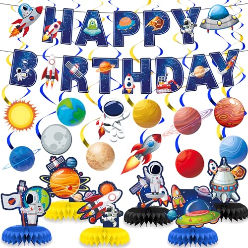 19 Stück Weltraum-Geburtstagsparty-Dekorationen enthalten Happy Birthday-Banner, hängende Wirbel und Waben-Mittelstücke, Sonnensystem, Geburtstagsparty-Dekorationen für Babyparty, Geburtstagsparty von Augisteen