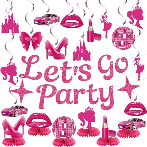 26 Stück Hot Pink Party Dekorationen Let's Go Party Glitzer Banner Hot Pink Hängende Wirbel Mädchen Geburtstag Wabenaufsätze für Prinzessin Cowgirl Geburtstag Junggesellinnenabschied Brautdusche von Augisteen