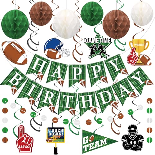 Fußball Geburtstag Party Dekorationen Vorbespannt Happy Birthday Banner Grün Braun Weiß Wabenbälle Fußball Themed Hängende Wirbel Kreis Punkte Girlande für Sport Fußball Geburtstage Party Dekor von Augisteen