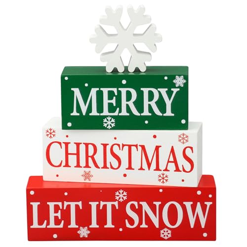 Holz-Tischdekoration, Weihnachtsdekoration, Schneeflocken-Tischdekoration, Weihnachtsdekoration, rot-grünes Holzblock-Schild, für Weihnachten, Urlaub, Zuhause, Büro, Küche, Schreibtisch, Regal von Augisteen