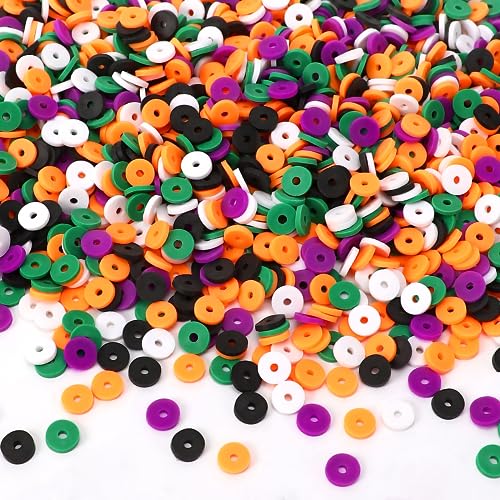 Augshy 4200 Stück Halloween Tonperlen Vinyl Heishi Flache Runde Polymer Abstandshalter für Schmuckherstellung Halskette Armband Ohrringe (schwarz, orange, weiß, lila, grün) von Augshy