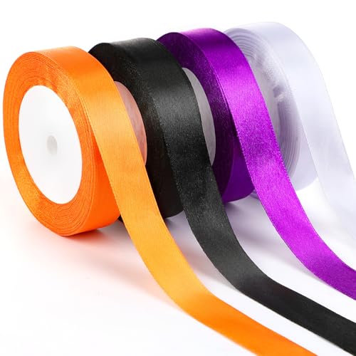 Augshy Halloween Satinband, 4 Rollen Orange Schwarz Lila Weiß Geschenkband Schleifenband Feiertagsband für Geschenkverpackung, Blumensträuße, DIY-Handwerk, Halloween Deko (20mm) von Augshy