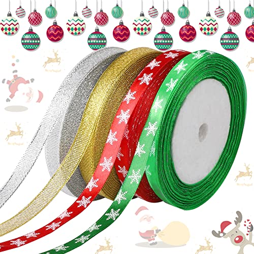 Geschenkband Weihnachten,Augshy 4 Rollen 100 Yards Schleifenband Weihnachten 10mm Breite Geschenkband für Weihnachten Feiertags Geschenk Verpackung Dekorationen von Augshy