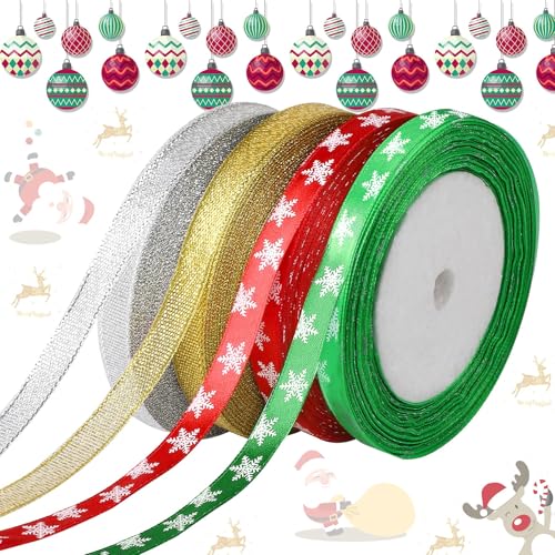 Geschenkband Weihnachten,Augshy 4 Rollen 100 Yards Schleifenband Weihnachten 10mm Breite Geschenkband für Weihnachten Feiertags Geschenk Verpackung Dekorationen von Augshy