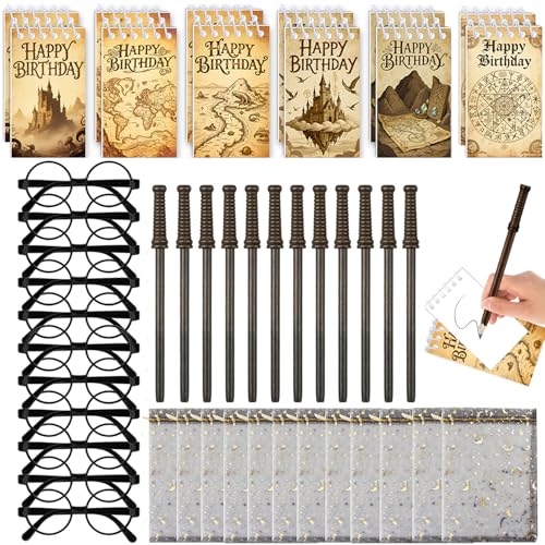 Wizard Stationery Party Geschenke mit 12 Geschenk-Taschen, 12 Magic Wands Bleistifte, 12 Notizbücher, 12 Rahmen Gläser für Hexe Geburtstag Party Favors Goodie Bag Fillers Schule Belohnungen Set von Augweyang