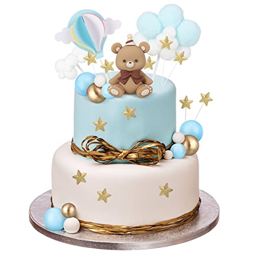 Auidy_6TXD Teddybär Kuchen Dekoration, Babyparty Deko Mädchen Junge, Teddybär Geburtstagstorte Deko, Blau&Gold Babyparty Cake Topper Baby Boy Junge Kuchendekoration(Blau) von Auidy_6TXD