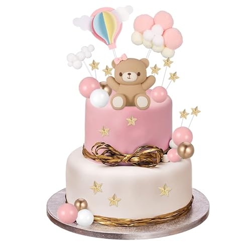 Auidy_6TXD Teddybär Kuchen Dekoration, Babyparty Deko Mädchen Junge, Teddybär Geburtstagstorte Deko, Pink&Gold Babyparty Cake Topper Kuchendekoration, Rose(Rosa) von Auidy_6TXD