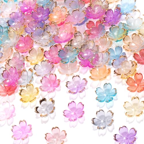 Auiremrti 100 Kirschblütenperlen,Vergoldete Acryl-Abstandshalterperlen,5-blättrige Blumenanhänger für Halsketten,Armbänder,Schmuckherstellung–Verschiedene Farben von Auiremrti