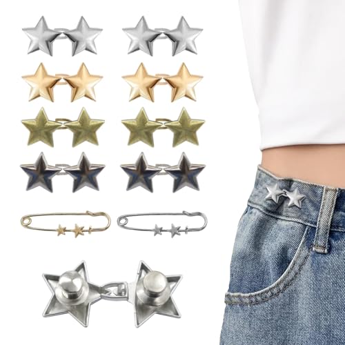 Auiremrti 10er Set Hosenbundstraffer,Sternknöpfe Pins für Weite Jeans,Wiederverwendbarer Taillenmieder-Clip,Metallsternbrosche für Kleidung,Kleider,Röcke,Kein Nähen von Auiremrti
