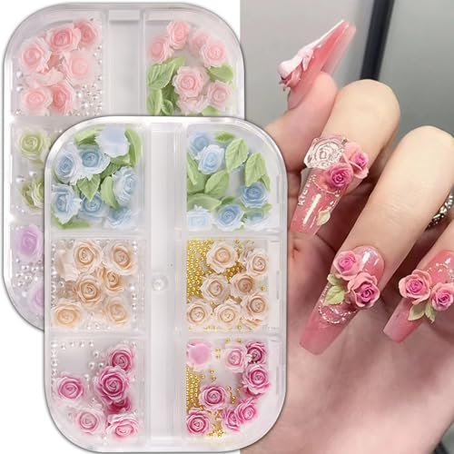 Auiremrti 2 Stück Blumen-Anhänger für Nagelkunst,3D-Blüten für Nägel,Nagelanhänger mit Flacher Rückseite aus Kunstharz in Form Rose oder Kamelie für Frauen,DIY-Bastelbedarf von Auiremrti