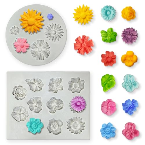 Auiremrti 2 Stück Blumen-Silikonformen, Fondant-Kuchen-Blumenform, Silikon-Polymer-Tonformen, Gänseblümchen-Rosen-Tonform für Cupcakes, DIY-Basteln, Kuchendekoration von Auiremrti
