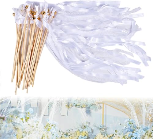 Auirshiky 30 Stück Wedding Wands mit Glocken, Ribbon Zauberstäbe Hochzeit Luftschlangen Seidenfeenstab für Hochzeit Weihnachten Geburtstag Party, Weiß von Auirshiky