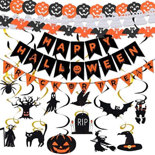Auirshiky Halloween Party Deko Set,Happy Halloween Banner,Wiederverwendbare Halloween Deko,Halloween Deko Set,Halloween Banner & Hängedeko,Hängende Halloween Spiralen, für Halloween Party Dekoration von Auirshiky