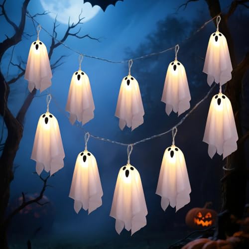Aukojoy 10/12er Halloween-Gespensterkette,Halloweenkranz,gruseliger Kranz,8 stimmungsvollen Effekten, ideal für Partys, Gruseldekoration, Kaminumrahmung und Vordach von Aukojoy