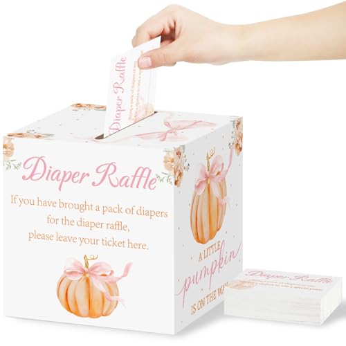 Aukolass Kürbis-Windel-Tickets mit Box, Kürbisschleife, Gewinnspielkarten-Box für Babypartys, Spiele, Geschlechtsoffenbarung, Party, Einladung, Kartenspiel (rosa Schleife), 50 Stück von Aukolass