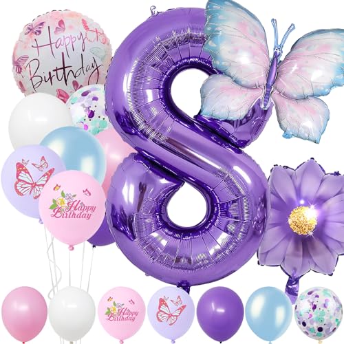 Geburtstagsdeko Mädchen 8 Jahre,Blau Lila Geburtstagsdeko Luftballon 8. Geburtstag,Kindergeburtstag Schmetterling Geburtstag Deko für Mädchen Jungen Geburtstags Festival Party Dekoration von Auliuse