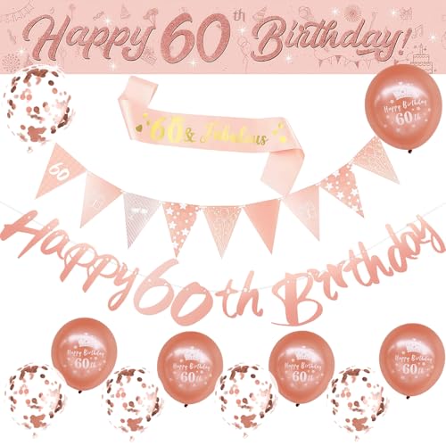 Geburtstagsdekorationen - Roségold, Happy Birthday Supplies für Frauen einschließlich Happy 60th Birthday Banner, Geburtstagsschärpe, Konfetti Latexballons, Dreiecksflagge, Buchstabenbanner (Roségold von Auliuse