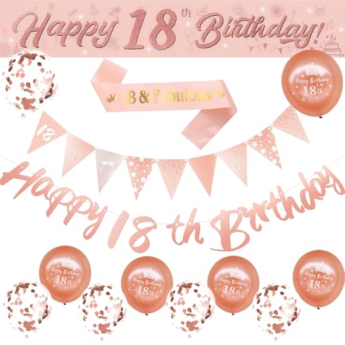Geburtstagsdekorationen - Roségold, Happy Birthday Supplies für Mädchen Frauen einschließlich Happy 18th Birthday Banner, Geburtstagsschärpe, Konfetti Latexballons, Dreiecksflagge, Buchstabenbanner von Auliuse