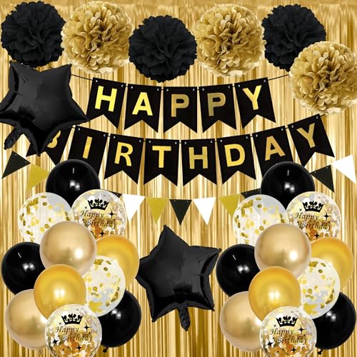 Schwarz Gold Party Dekorationen, Happy Birthday Banner, Konfetti Luftballons Gold Fransen Vorhang, Pom Poms Folie Stern Ballon für Männer Frauen Geburtstagsfeier (Schwarz Gold) von Auliuse