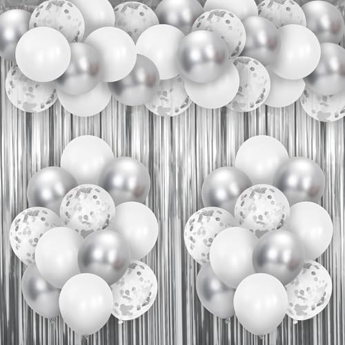 Schwarz Gold Party Dekorationen, Happy Birthday Banner, Konfetti Luftballons Gold Fransen Vorhang, Pom Poms Folie Stern Ballon für Männer Frauen Geburtstagsfeier (Schwarz Weiß Silber) von Auliuse